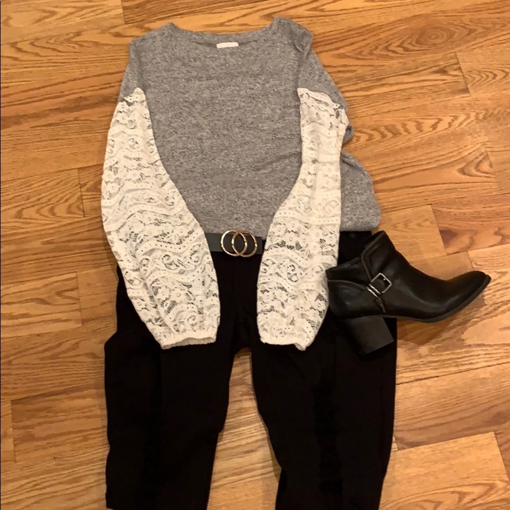 Charming Charlie gray light sweater w lace sleeves